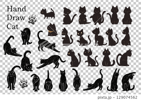 手描き黒猫シルエットコレクション！ベクターイラスト 129074562