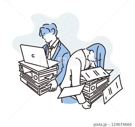 シンプル　イラスト　業務が多すぎてうんざりするビジネスパーソンの男性と女性 人物 129074660