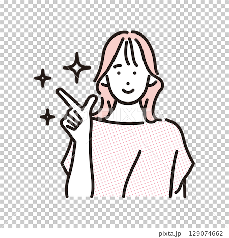 簡單的例子,一個微笑的年輕女士指著 簡單的例子,一個微笑的年輕女士指著 129074662