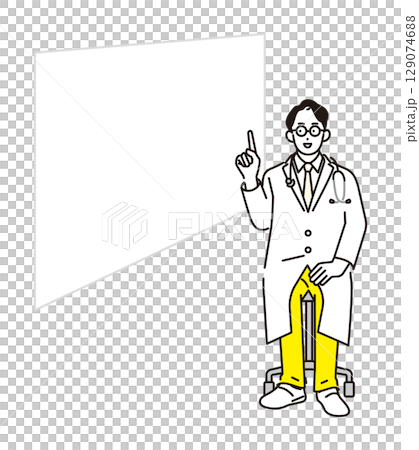 Simple illustration of a male doctor sitting in a chair and giving an explanation Simple illustration of a male doctor sitting in a chair and giving an explanation 129074688