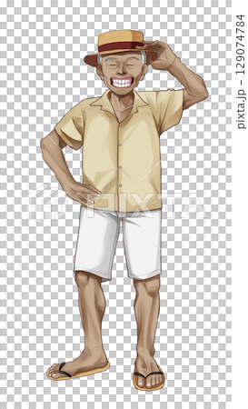 半袖麦わら帽子のおじいさん　笑顔 129074784