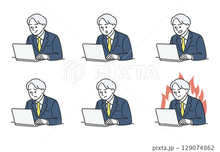 パソコンで仕事中の男性表情バリエーションセット 129074862