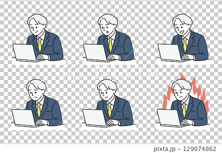 パソコンで仕事中の男性表情バリエーションセット 129074862