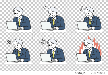 在電腦上工作的男性面部表情變化集 129074864