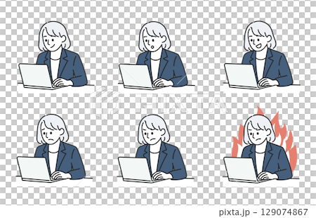 Female facial expression variation set working on a computer 129074867