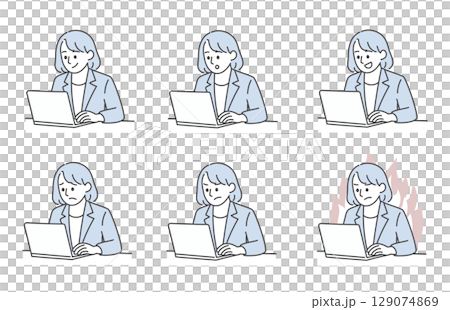 Female facial expression variation set working on a computer 129074869