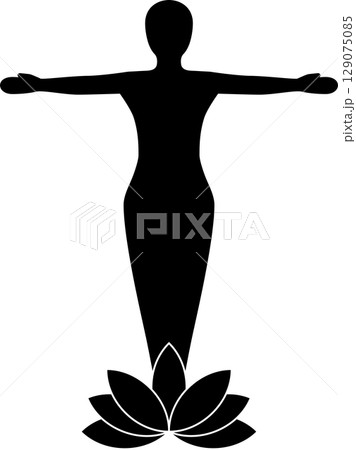 ハスの上で左右に腕を開いた近未来的な女性のアイコン 129075085