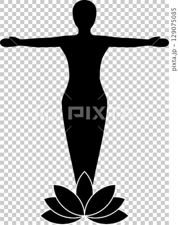 ハスの上で左右に腕を開いた近未来的な女性のアイコン 129075085