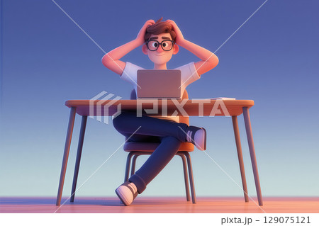 3D illustration of a young man sitting cross-legged at a computer, with his hands clasped behind his head 129075121