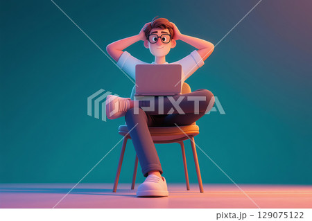 3D illustration of a young man sitting cross-legged at a computer, with his hands clasped behind his head 129075122