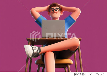 3D illustration of a young man sitting cross-legged at a computer, with his hands clasped behind his head 129075123