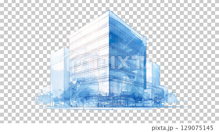 透明背景上淺藍色辦公大樓的水彩插圖（png） 129075145
