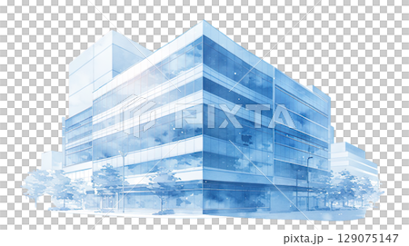 透明背景上淺藍色辦公大樓的水彩插圖(png) 透明背景上淺藍色辦公大樓的水彩插圖(png) 129075147