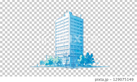 透明背景上淺藍色辦公大樓的水彩插圖(png) 透明背景上淺藍色辦公大樓的水彩插圖(png) 129075149