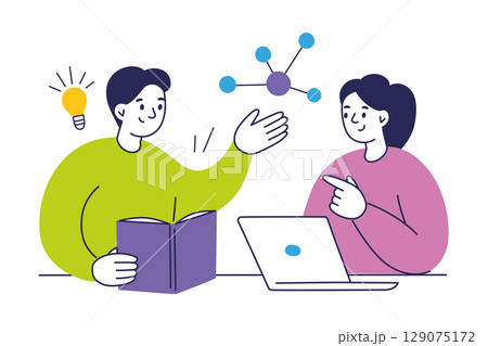 Vector illustration of students working together on project. Boy with book and girl with laptop discuss ideas, collaborate, and explore topic. Teamwork, education, brainstorming, and learning Vector illustration of students working together on project. Boy with book and girl with laptop discuss ideas, collaborate, and explore topic. Teamwork, education, brainstorming, and learning 129075172