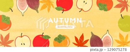 水彩タッチの秋の果物とモミジのバナーイラスト 129075278