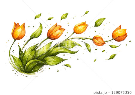 Vibrant Artistic Illustration of Orange Tulips with Green Leaves and Whimsical Movement 129075350