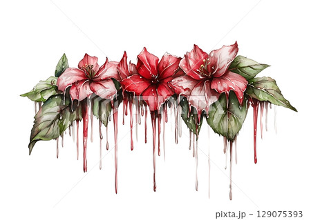 Beautiful watercolor floral arrangement with red flowers and dripping paint on white background 129075393