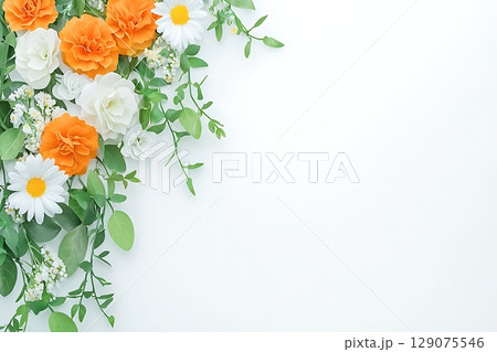 Bright and Vibrant Floral Arrangement with White and Orange Blooms on a Light Background Bright and Vibrant Floral Arrangement with White and Orange Blooms on a Light Background 129075546