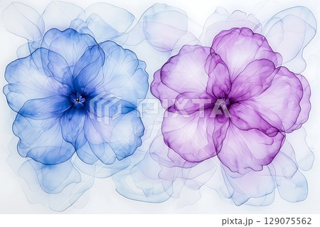 Elegant Blue and Purple Floral Abstract Artwork with Delicate Petals on White Background 129075562