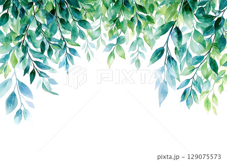 Lush Greenery in Watercolor Style with Leaves Cascading Over a Clear White Background Lush Greenery in Watercolor Style with Leaves Cascading Over a Clear White Background 129075573