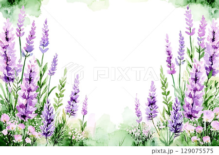 Lush Lavender Flowers in a Watercolor Landscape with Green and Purple Hues 129075575