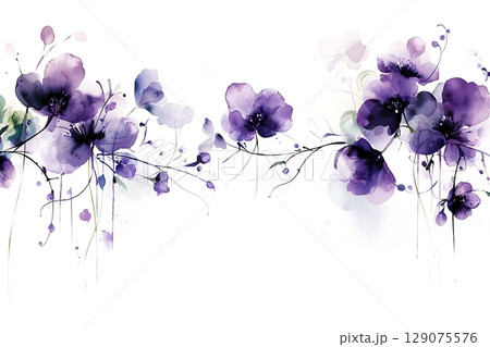 Elegant Purple Floral Watercolor Design with Delicate Blooms and Soft Leaves Accents 129075576