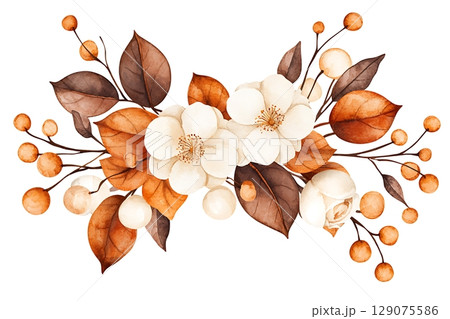 Elegant Autumn Floral Arrangement with White Flowers and Brown Leaves for Decor 129075586