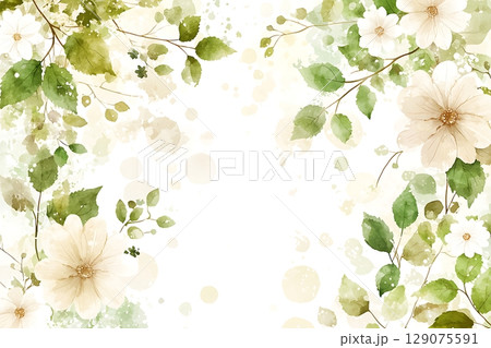 Elegant Watercolor Floral Border Design with Green Leaves and Light Background 129075591