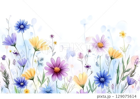 Vibrant Floral Composition with Watercolor Style Flowers in Soft Pastel Colors 129075614