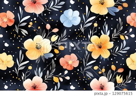 Colorful Floral Pattern with Vibrant Flowers on a Dark Background for Textile Designs 129075615
