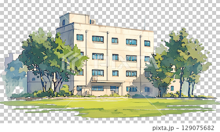 透明背景上市政廳式建築的水彩插圖（png） 129075682