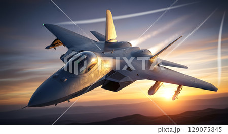 夕日をバックに飛ぶ戦闘機 129075845