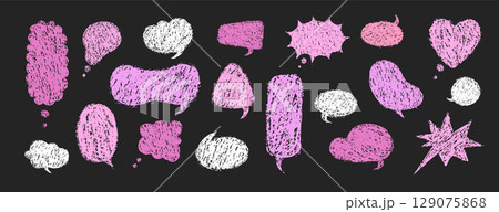 Balloon speech crayons. Vector Speech Bubble Collection with Crayon Texture. Pink Retro chatting or message boxes on black background 129075868