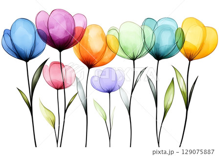 Colorful and Artistic Illustration of Various Flowers with Delicate Petals and Leaves Colorful and Artistic Illustration of Various Flowers with Delicate Petals and Leaves 129075887