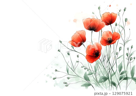 Beautiful Red Poppies with Delicate Green Leaves and Soft Watercolor Background 129075921