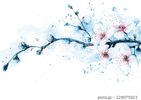 Delicate Cherry Blossom Branch with Soft Watercolor Background in Pastel Tones and Elegant Design Delicate Cherry Blossom Branch with Soft Watercolor Background in Pastel Tones and Elegant Design 129075923