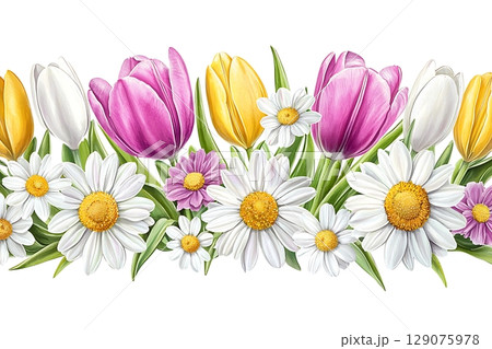 Colorful Floral Arrangement with Tulips, Daisies, and Vibrant Flowers for Decoration 129075978