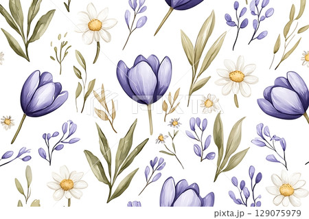 Beautiful Floral Pattern with Purple Tulips and White Daisies on a Light Background 129075979