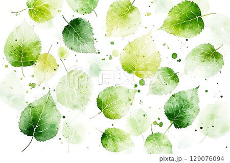 Vibrant Watercolor Leaves in Varying Shades of Green and Yellow on White Background 129076094