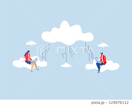 People businessman and woman office employees working with computer laptop on swing suspend on cloud computing, remote work on company cloud infrastructure People businessman and woman office employees working with computer laptop on swing suspend on cloud computing, remote work on company cloud infrastructure 129076112