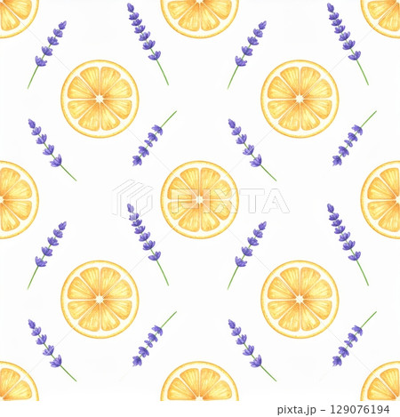 Seamless pattern with fresh yellow lemon and lavender, a healthy vector illustration Seamless pattern with fresh yellow lemon and lavender, a healthy vector illustration 129076194
