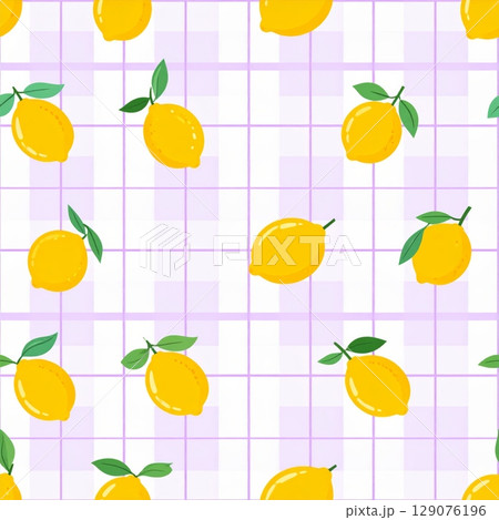 Seamless pattern with fresh vector fruits: lemon on purple grid background Seamless pattern with fresh vector fruits: lemon on purple grid background 129076196