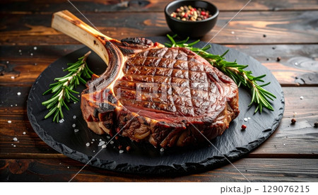 Grilled beef steak and roasted vegetables compose a gourmet dinner plate 129076215