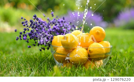 Fresh lemon in glass bowl with lavenders on grass 129076220