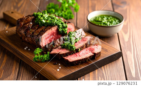 Fresh beef steak meal with vibrant roasted vegetables 129076231