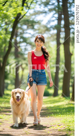 犬の散歩をする女性 129076702
