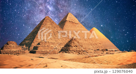 night scene of the castle pyramid in the desert 129076840