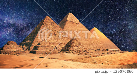 night scene of the castle pyramid in the desert night scene of the castle pyramid in the desert 129076860