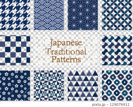 無縫日本圖案集 - 藍色（Seigaiha、Asanoha、Checkered、Shippo 等） 129076912